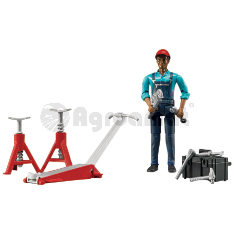 Set figurine atelier cu mecanic, elevatoare autoutilitare, suporturi si scule