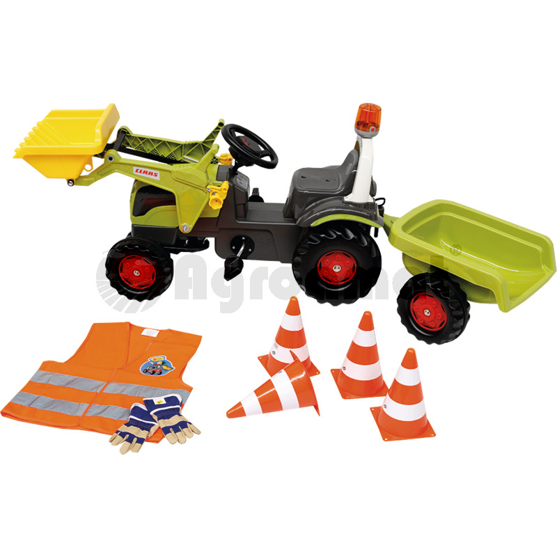 Tractor cu incarcator frontal, lanterna si volan cu sunet, incl. trailer rollyKid Claas, incl. piloane rolly, incl. vesta de siguranta rolly, incl. manusi rolly  - varsta recomandata 3-5 ani