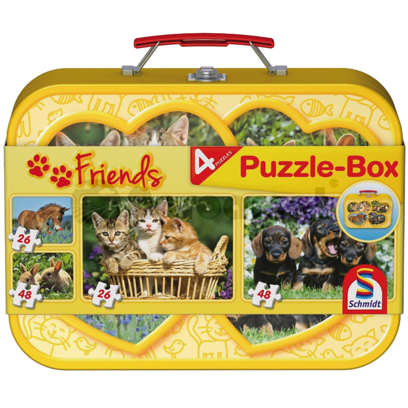 Puzzle in cutie metalica, PLAYMOBILanimale domestice, 2 x 26, 2 x 48 piese