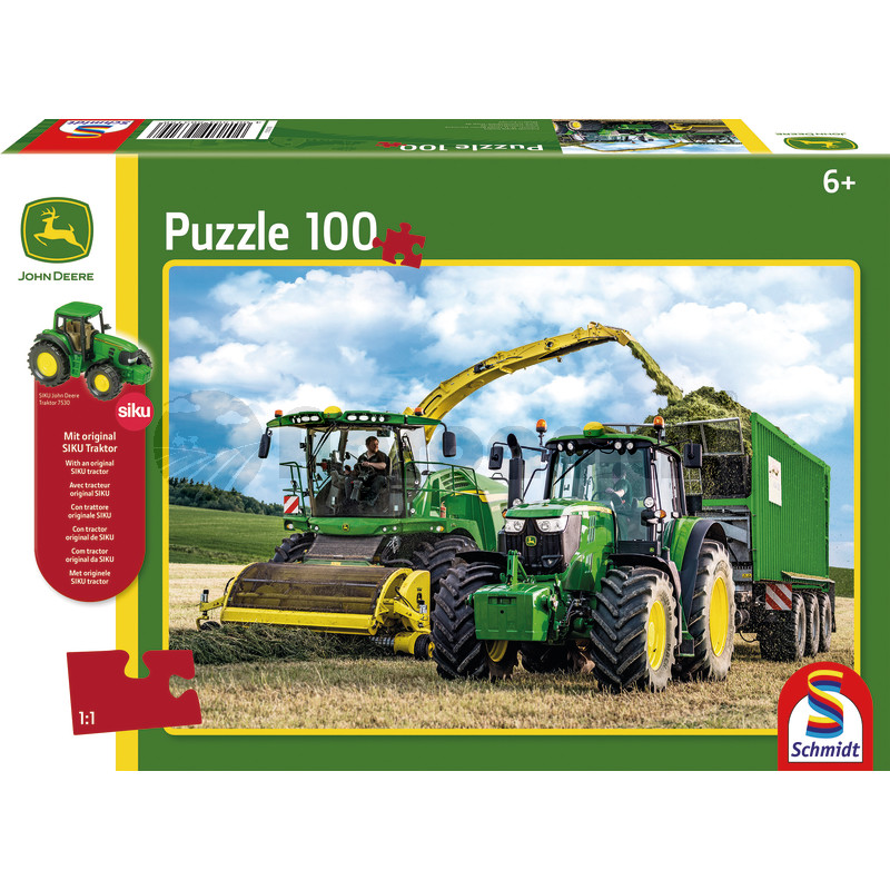Puzzle, John Deere 6195M und Feldhäcksler 8500i + Original Siku Traktor, 100 Teile