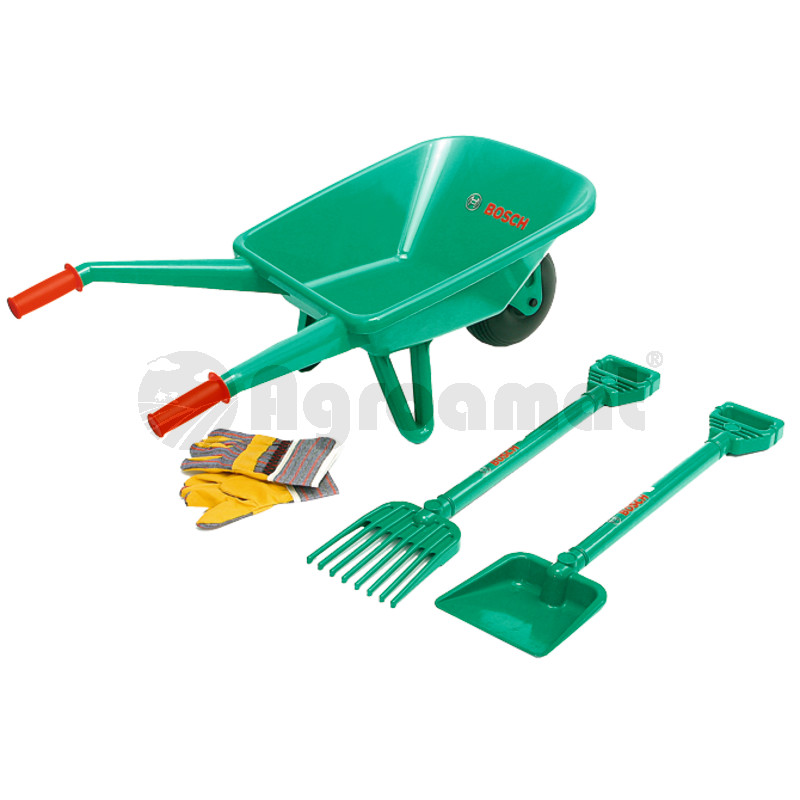 Set gradinarit, 4-piese, cu carucior, lopata, grebla si manusi pentru gradinarit