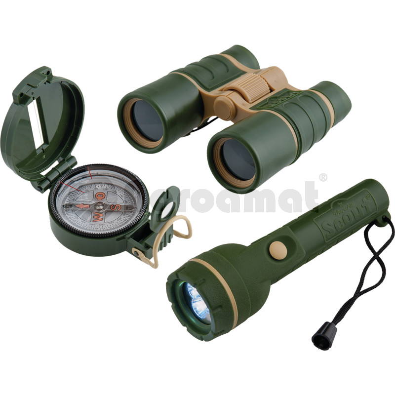 Set descoperitor, 3 piese, lanterna cu 3 LED-uri extra luminoase, binoclu cu setare focus si compas cu afisaj citire