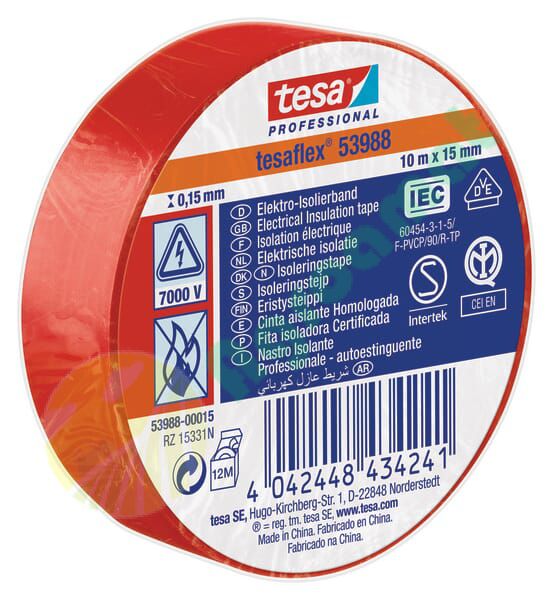 Bandă izolatoare electrică PVC moale roșu 10mx15mm TesaFLEX®