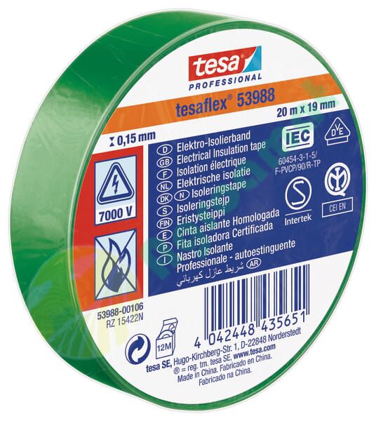 Bandă izolatoare electrică PVC moale verde 20mx19mm TesaFLEX®